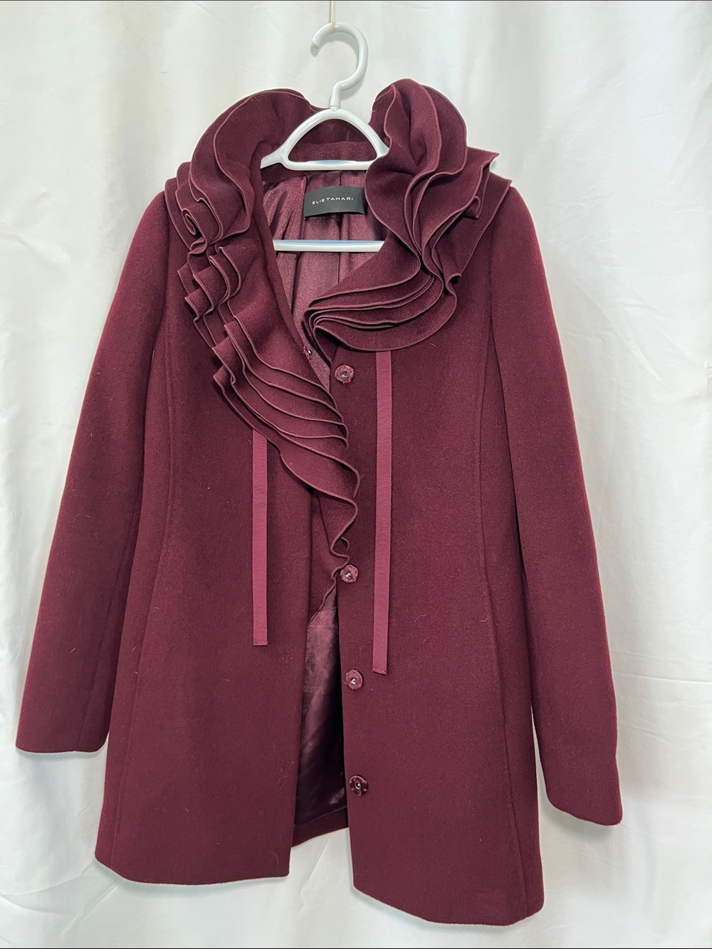 Elie Tahari Women's Burgundy Ruffle-Collar Pea Coat